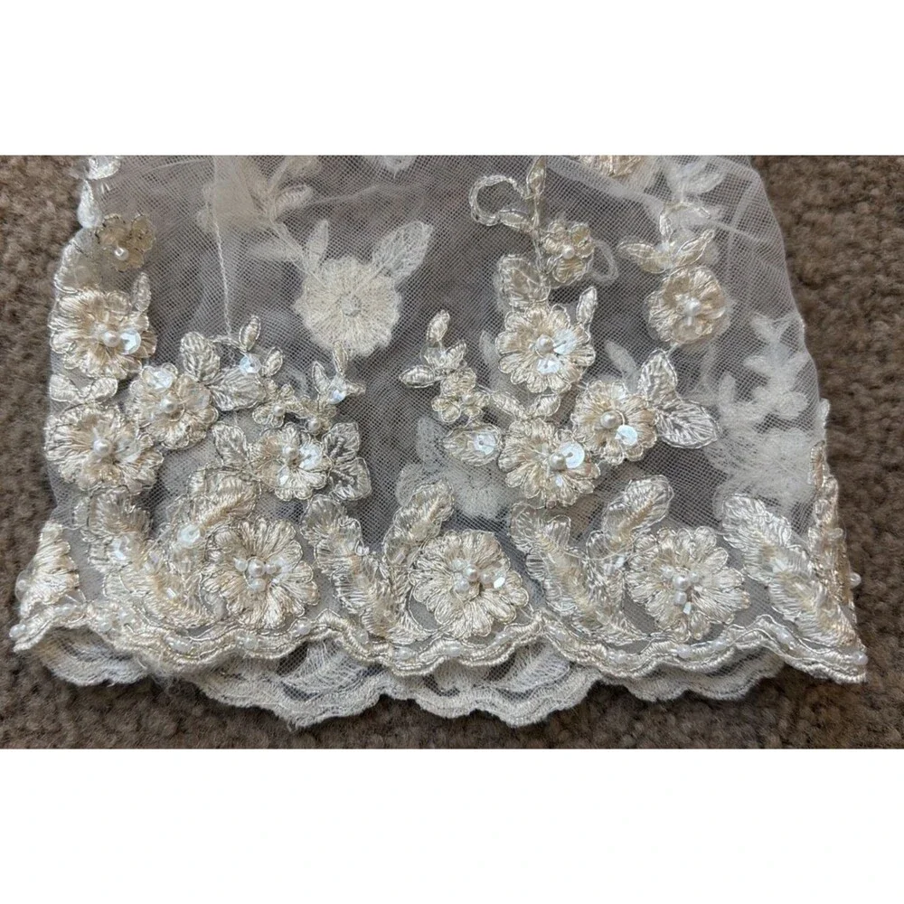 Vintage Ivory Bridal Robe Embroidered Tulle Beaded Pearl Long Train Wedding